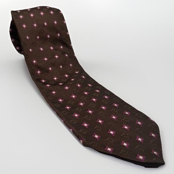 Hugo Boss Tie Brown Pink Geometric Diamond Pattern Made in Italy 100% Silk - Picture 1 of 4